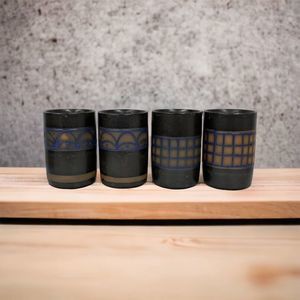 Set of 4 Vtg Stoneware Pottey Cups Vases Vessel 3.5" Brown Blue Orange